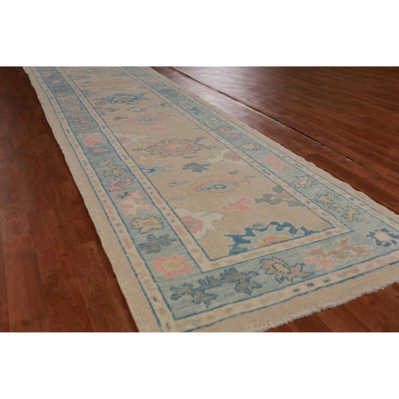 Hand Knotted Oriental 100% Wool Carpet Transitional Floral Beige & Ivories Oushak Runner Rug - 13' 2'' X 3' 2''