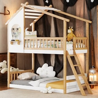 Twin Over Twin Bunk Bed Wood Bed with Roof, Window and Ladder