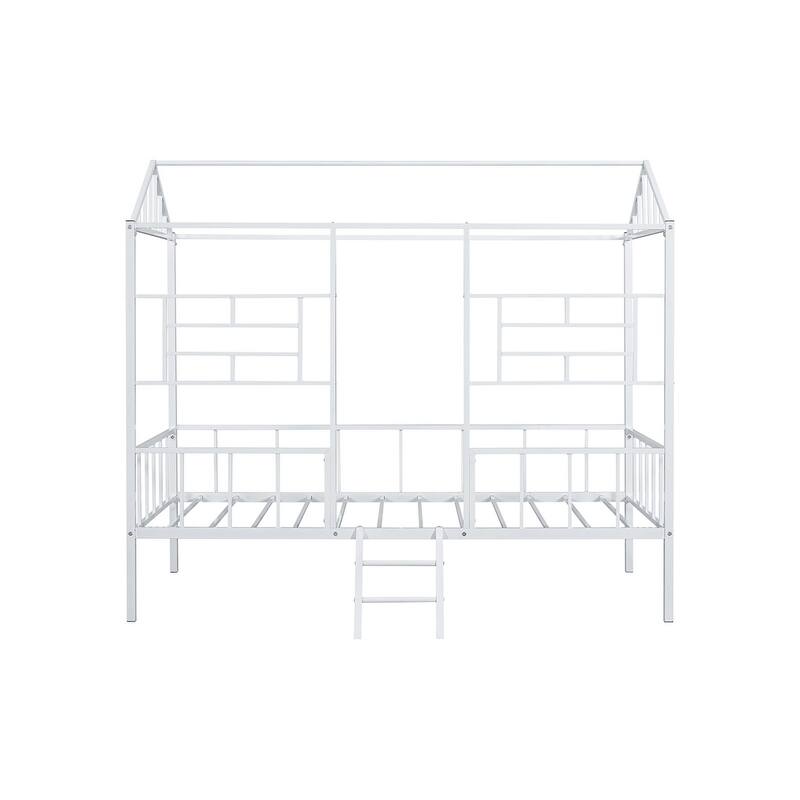 Twin Loft Bed with Angled Ladder and House Design, White Metal Frame, Contemporary Style