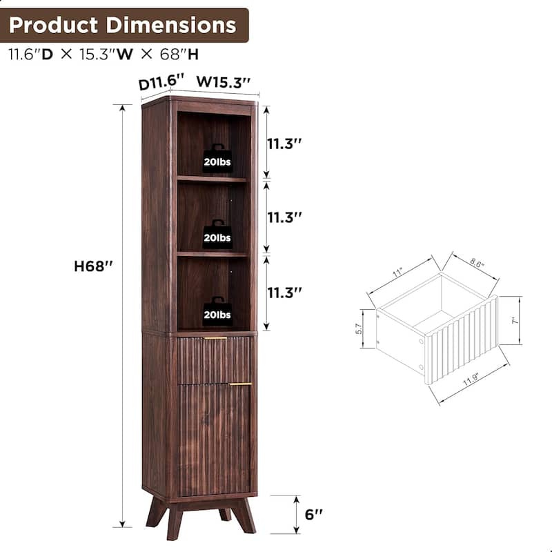 68" Tall Bathroom Narrow Storage Cabinet with Faux Marble Top