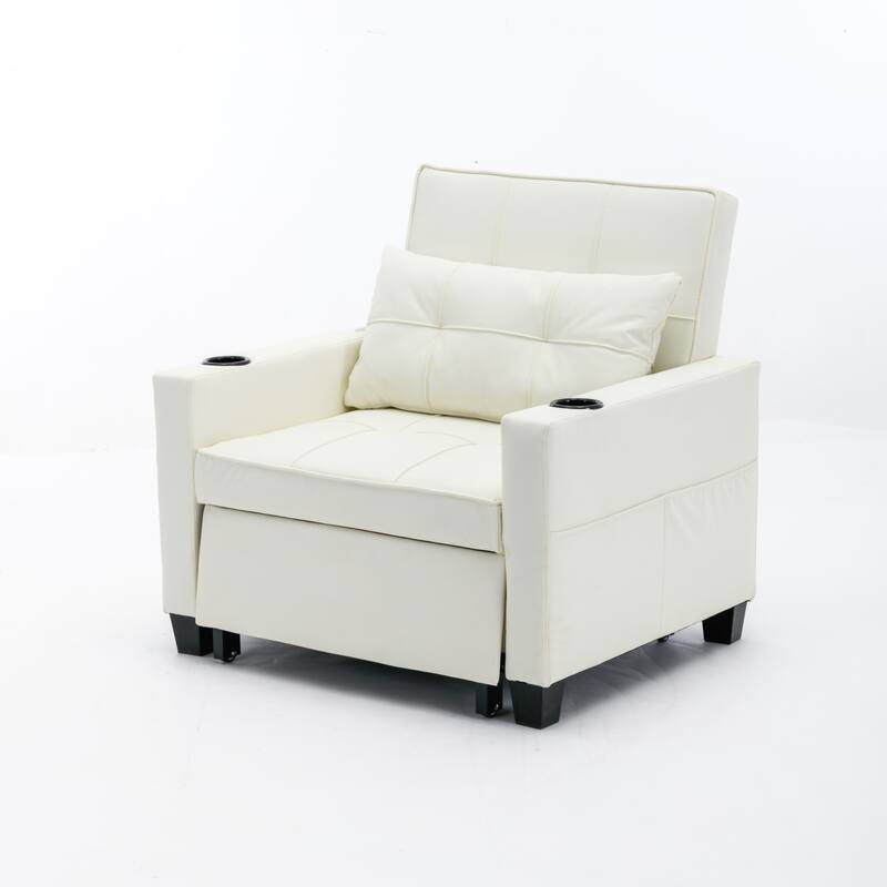 Leather Futon Armchair Bed with USB, Cup Holders & 3-Position Backrest