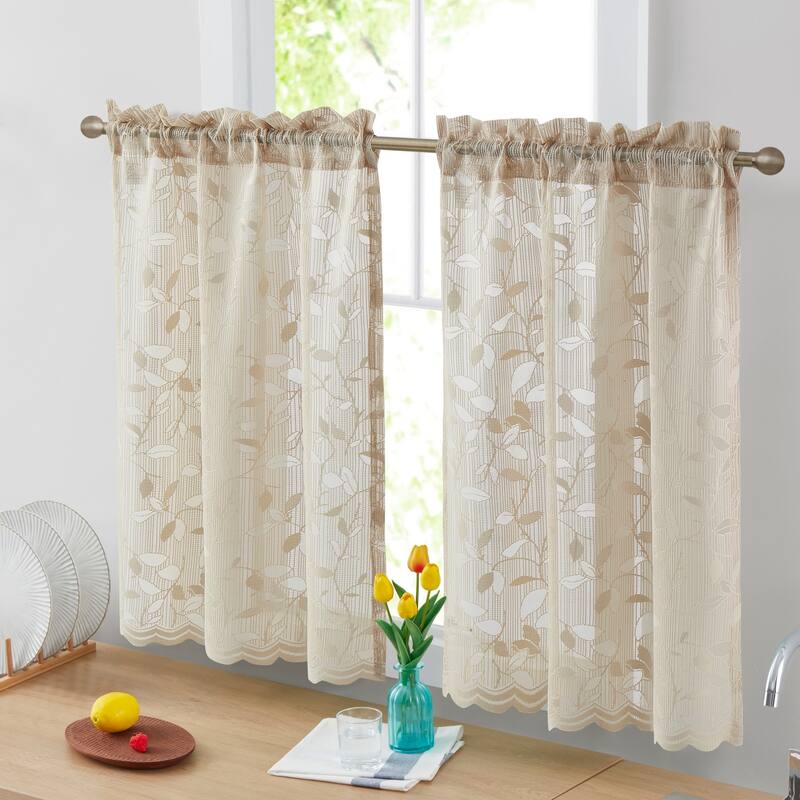 HLC.me Joyce Lace Sheer Kitchen Cafe Curtain Tiers for Small Windows, Kitchen & Bathroom - Tier - 30 W x 36 L per panel - Set of 2 - Linen Taupe