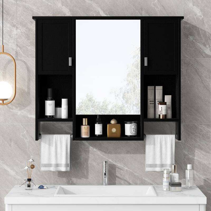 Over the Toilet Medicine Cabinet Wall Cabinet for Bathroom with Mirrored Cabinet, Side Cabinets, Open Shelves and Towel Racks