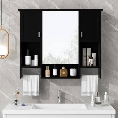 Roomfitters 35"x28" Wall Mounted Mirror Cabinet, Bathroom Storage with Towel Bar, Modern Medicine Cabinet for Wall Use, Black