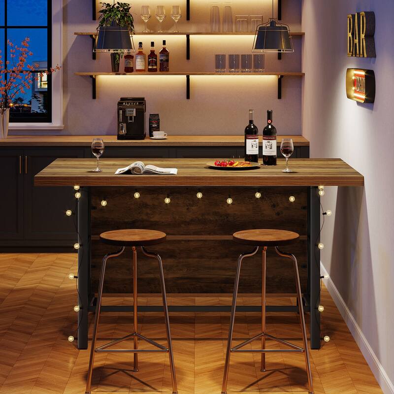 63-Inch Large Home Bar Table with Footrest, Rustic Brown