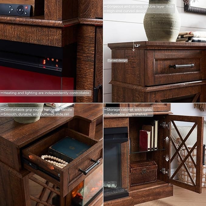 Farmhouse 3-Sided Electric Fireplace TV Stand, Entertainment Center