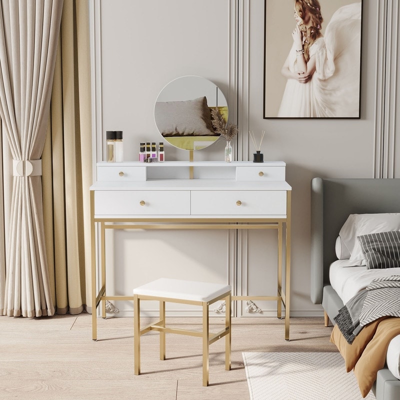 Vanity Desk Makeup Vanity with Stool Round Mirror Vanity Table Set with 4 Drawers