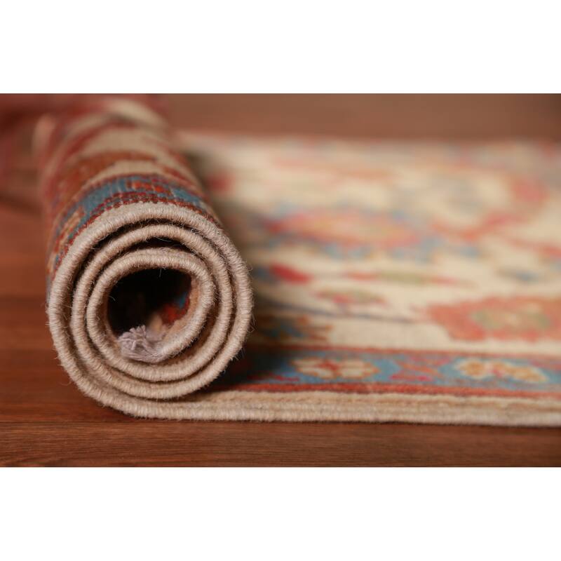 Geometric Kazak Oriental Foyer Rug Handmade Beige Wool Carpet - 2'0"x 3'0" - 2'0"x 3'0" - Ivory/Beige