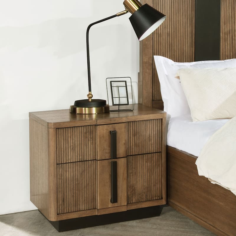 2 Drawers Wooden Nightstand with Vertical Pulls in Ash Brown