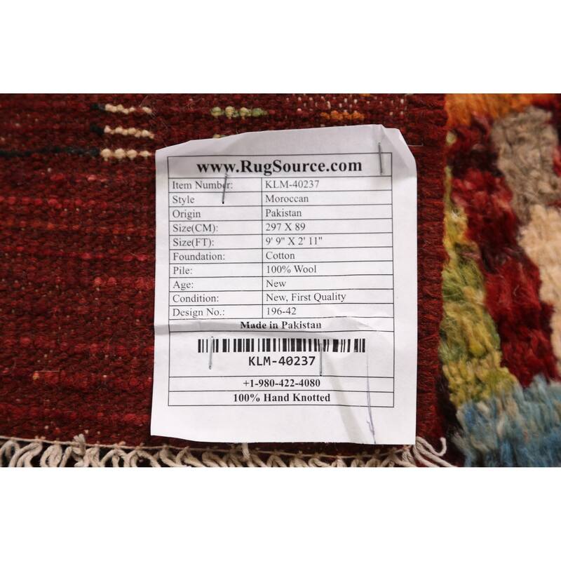 Geometric Red Moroccan Oriental Runner Rug Handmade Wool Carpet - 2'11" x 9'9"