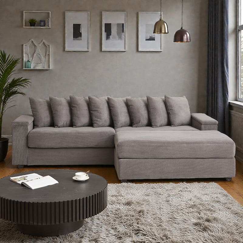 Oversized L Shaped Sectional Sofa with Chaise, Corduroy Upholstered Couch with Armrest Storage and Ottoman
