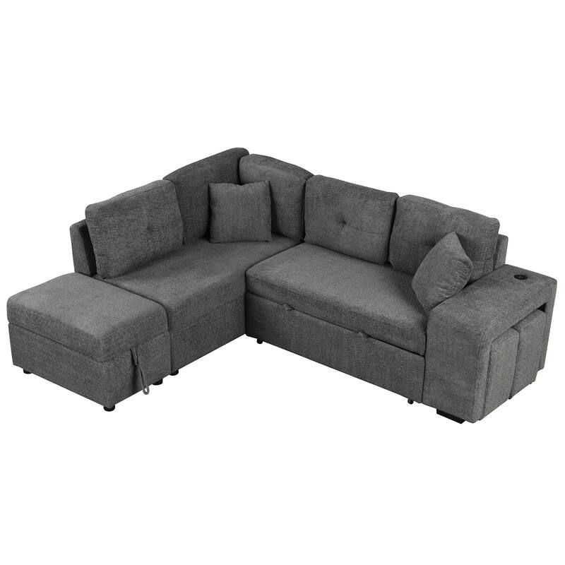 87.7" Convertible Sleeper Sofa Bed with Storage, 2 Pillows, 2 Stools, Charger & USB Ports, Dark Gray, Chenille