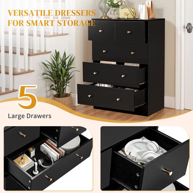 5-Drawer Dresser For Bedroom And Chest Of Drawers With Sturdy Construction Wood Storage Organizer For Closet