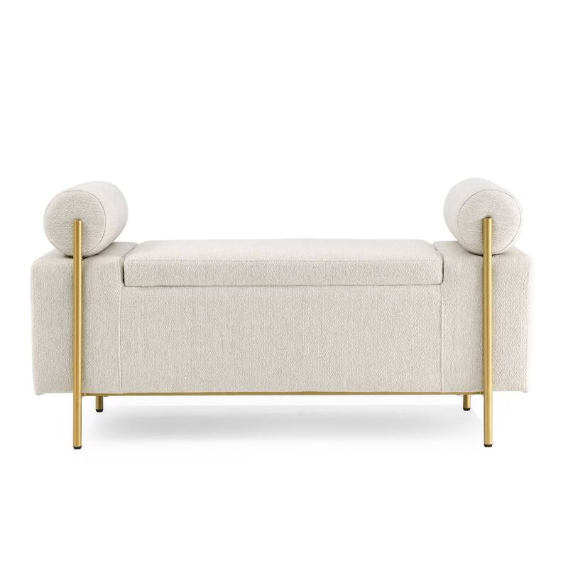Roomfitters Upholstered Linen Storage Bench with Cylindrical Arms and Gold Metal Legs for Bedroom, Entryway, Living Room