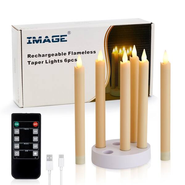 IMAGE 6PCS Rechargeable Flameless Taper Candles with Charging Station LED Flickering Candlesticks with Remote & Timer - Bed Bath & Beyond