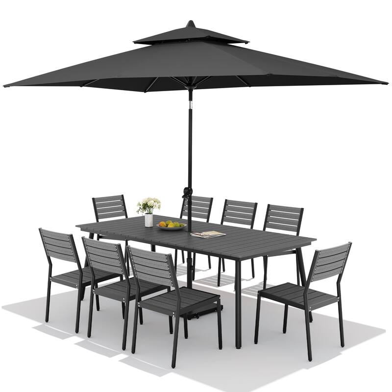 11PC Outdoor Patio Dining Set Aluminum Table with Stackable Chairs w/ Premium Market Umbrella Sets