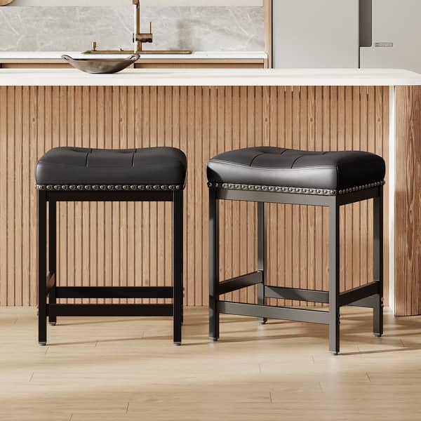 slide 2 of 19, RENEWLINE 24.4" Backless Bar Stools Set of 2 - PU Leather Counter Height - Kitchen Island & Bar