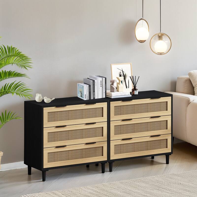 Rattan 3-Drawers Buffet Storage Cabinet (Set of 2)