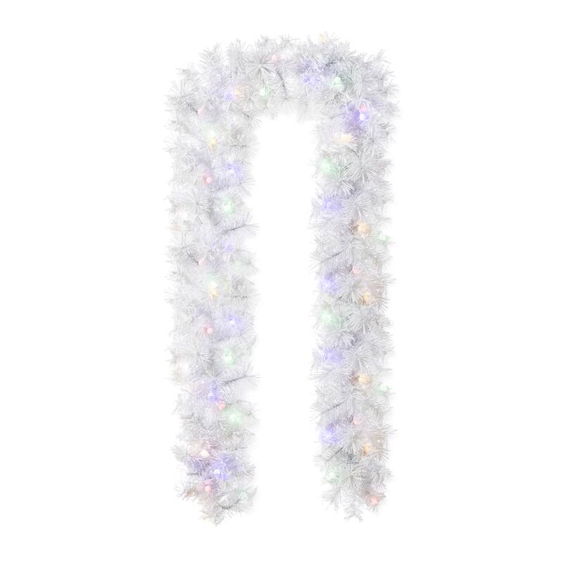 Glitzhome Pre-Lit Snow Flocked White/Greenery Pine Garland & Wreath & Teardrop - "9ft Garland" with White Pine