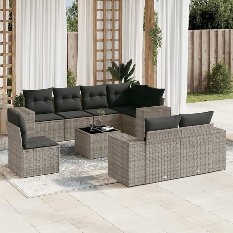 vidaXL Patio Sofa Set with Cushions Outdoor Conversation Furniture Poly Rattan - Gray - 21.7 x 21.7 x 14.6