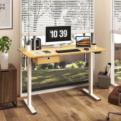 FlexiSpot 100% Bamboo Whole-Piece Desktop Ergonomic Electric Home Office Standing Desk with Bamboo Drawer Memory Controller