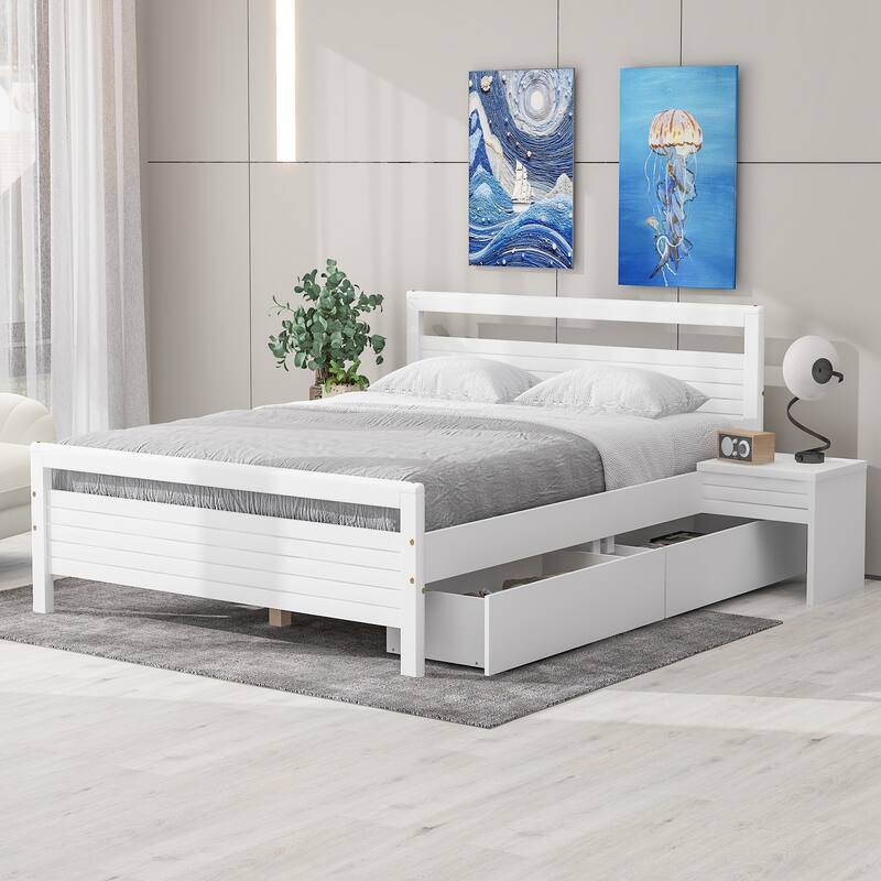 Wooden Platform Bed with Two Storage Drawers