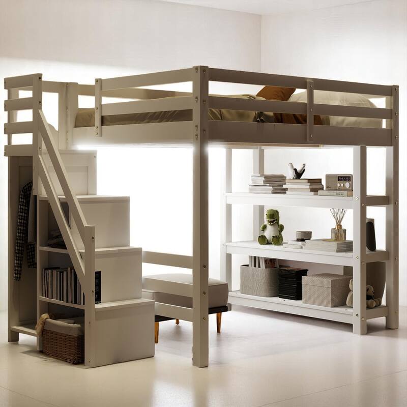 Twin/Full Size White Loft Bed with Storage Shelves, Staircase, Wardrobe & LED Light - Pine Wood Frame
