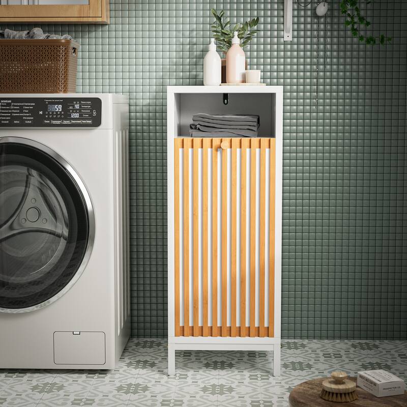 Bathroom Side Cabinet with Bamboo Front & Hamper - Natural/White