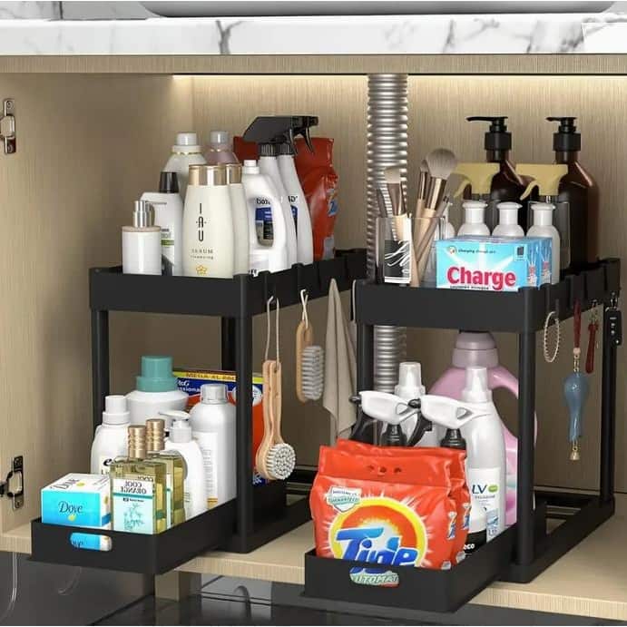 Anmytek 2 Tier Rustproof Under Sink Organizer Extendable Pull Out Storage Shelf for Kitchen Bathroom Cabinet