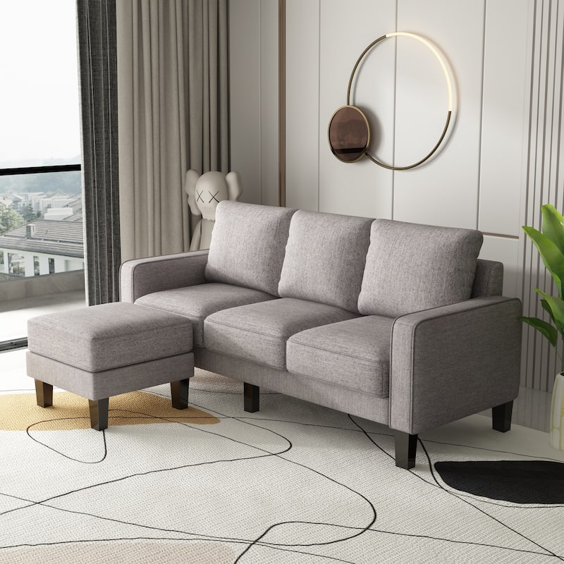 Light Grey Fabric L-shaped Sectional Sofa w/ Ottoman & Sofa Covers - On ...