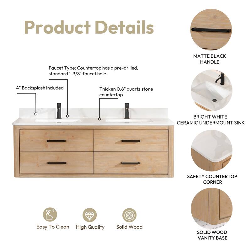 Cristo Floating Bath Vanity with White Quartz Stone Top without Mirror