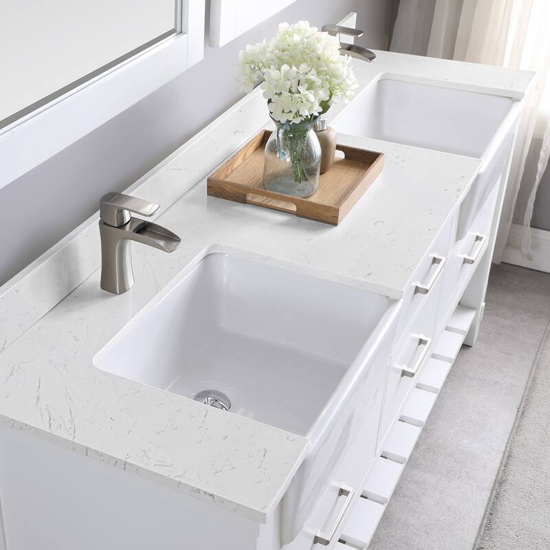 Altair Georgia Double Bathroom Vanity Set and Aosta White Stone Countertop with Farmhouse Basin with Mirror
