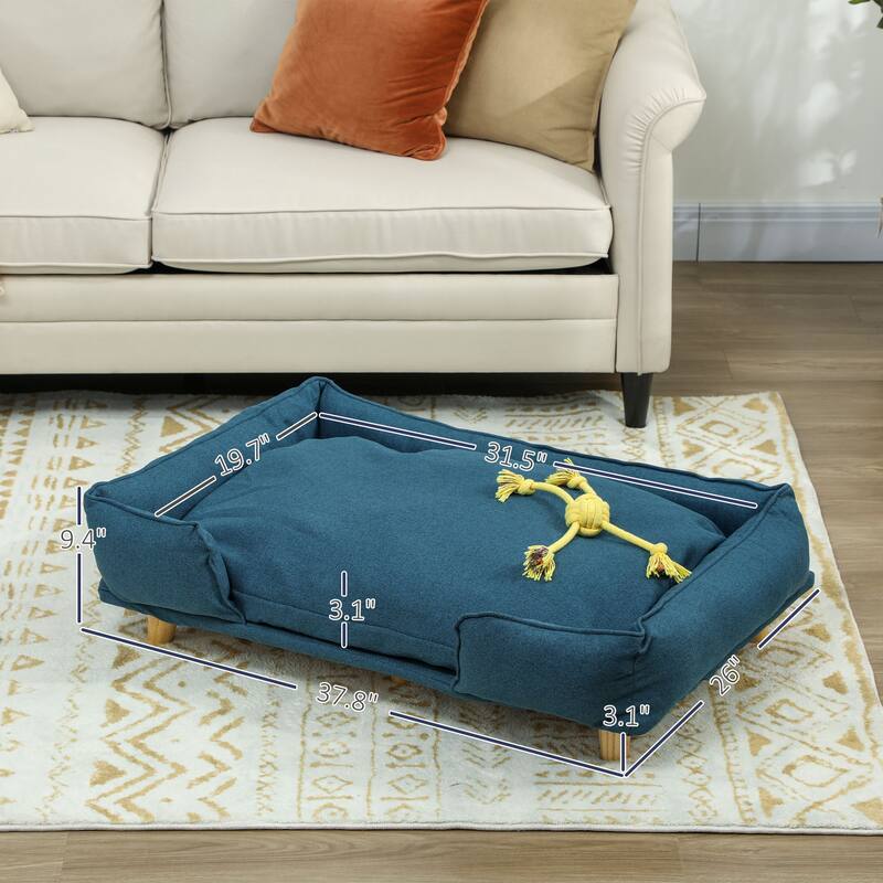 Dark Blue Polyester Pet Sofa with Cushion, Pine Wood Legs and Non-Slip - 37.8" L x 26" W x 9.4" H