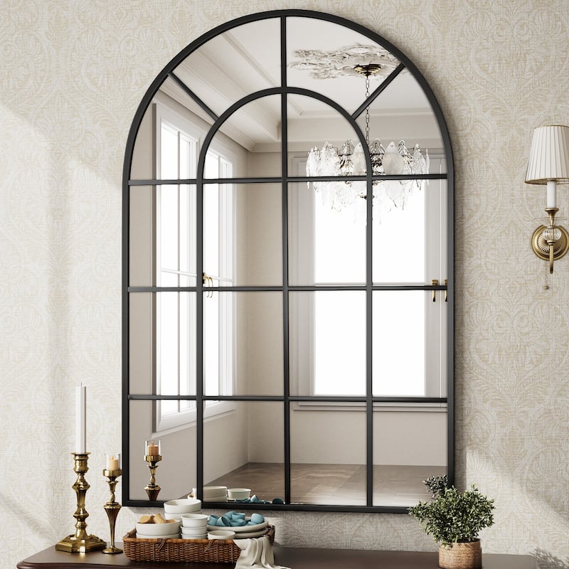 Arched Windowpane Bathroom Mirror with Metal Frame