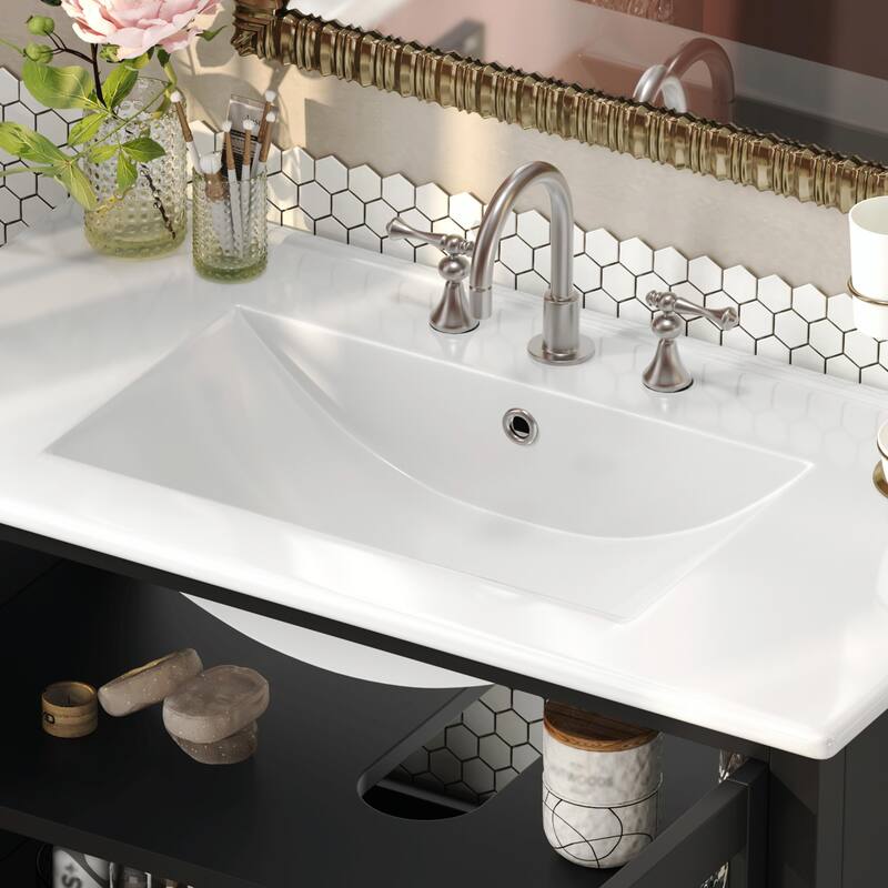 36" Bathroom Vanity with Ceramic Sink, Adjustable Shelf and Open Shelf, Solid Wood Legs, Waterproof Painted Finish