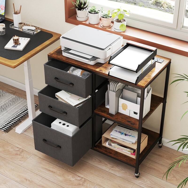 Gymax 3 Drawer Mobile File Cabinet w/ Charging Station Storage Cabinet