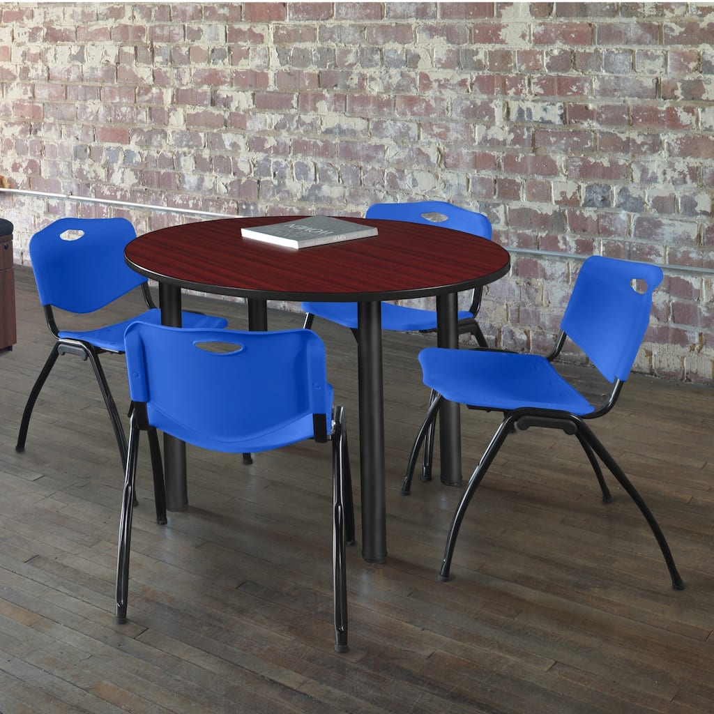 36" Round Breakroom Table- Mahogany/ Black & 4 'M' Stack Chairs- Blue