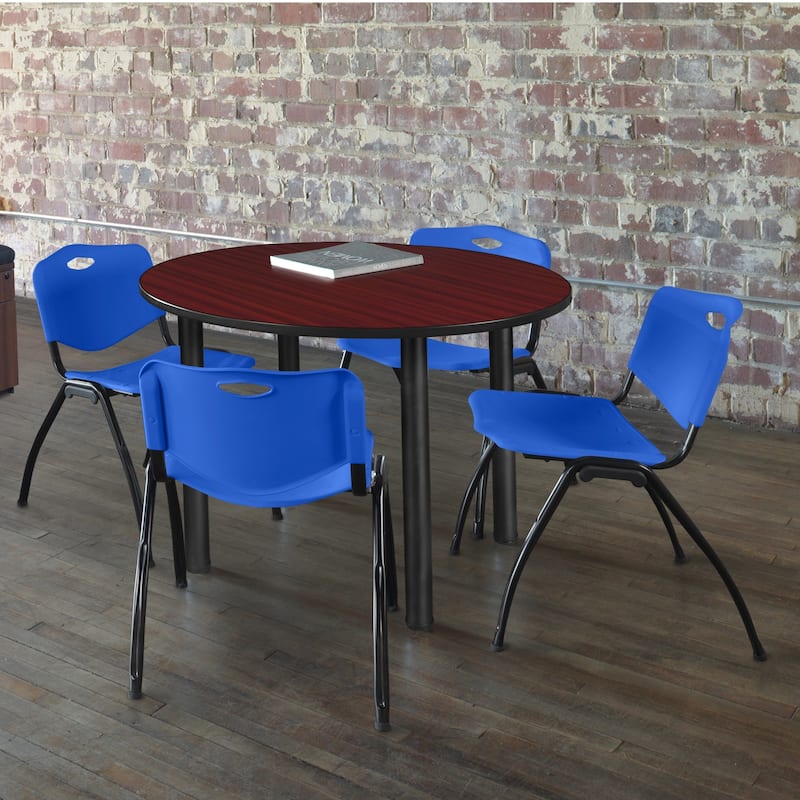 42" Round Breakroom Table- Mahogany/ Black & 4 'M' Stack Chairs- Blue