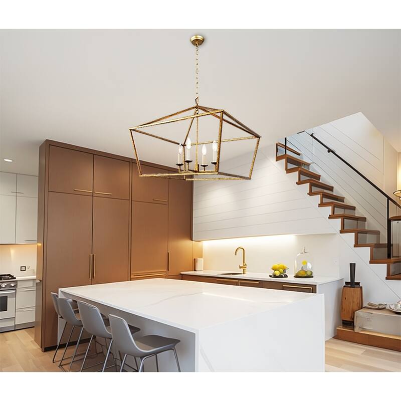 4-Light Gold Lantern, Antique Square Geometric Style Luxury Chandelier