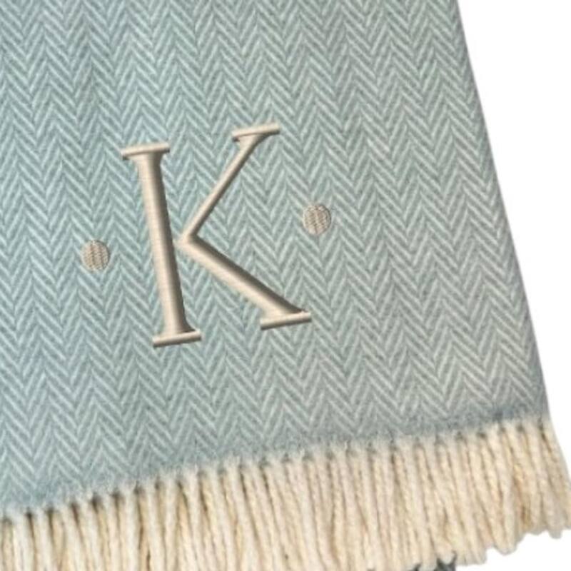 HomeRoots 55" X 70" Sky Blue And White Herringbone Cotton Blend K Initial Throw Blanket with Tassels And Embroidery