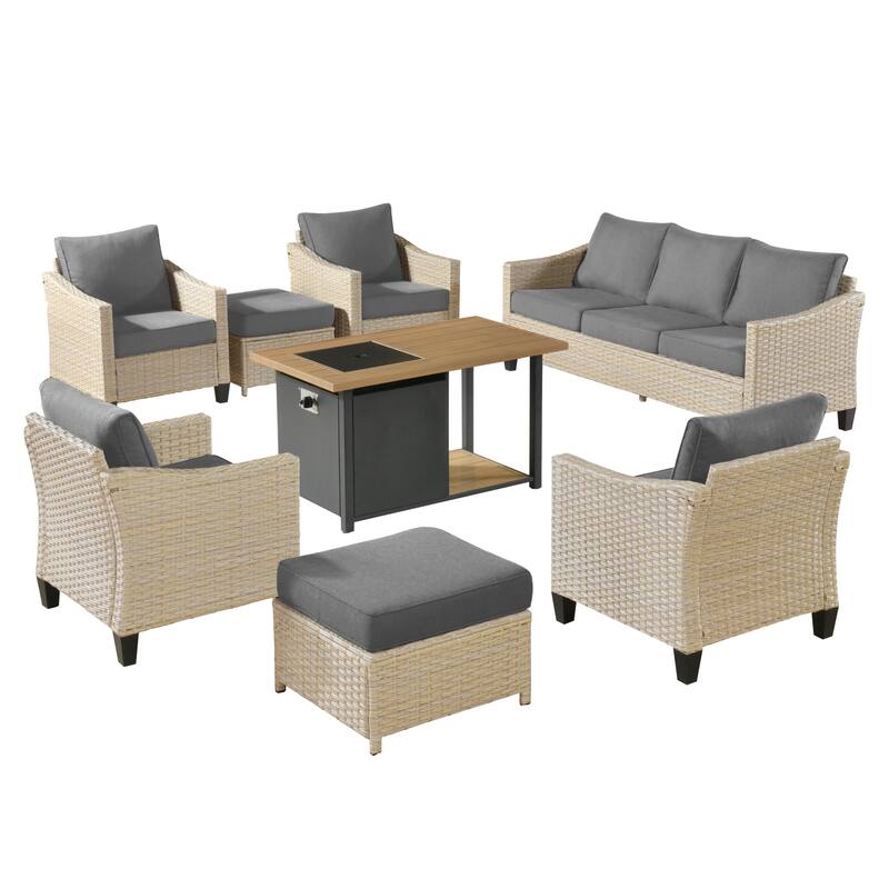 HOOOWOOO 8-piece Patio Wicker Rattan Conversation Set with Multifunctional Fire Pit Table