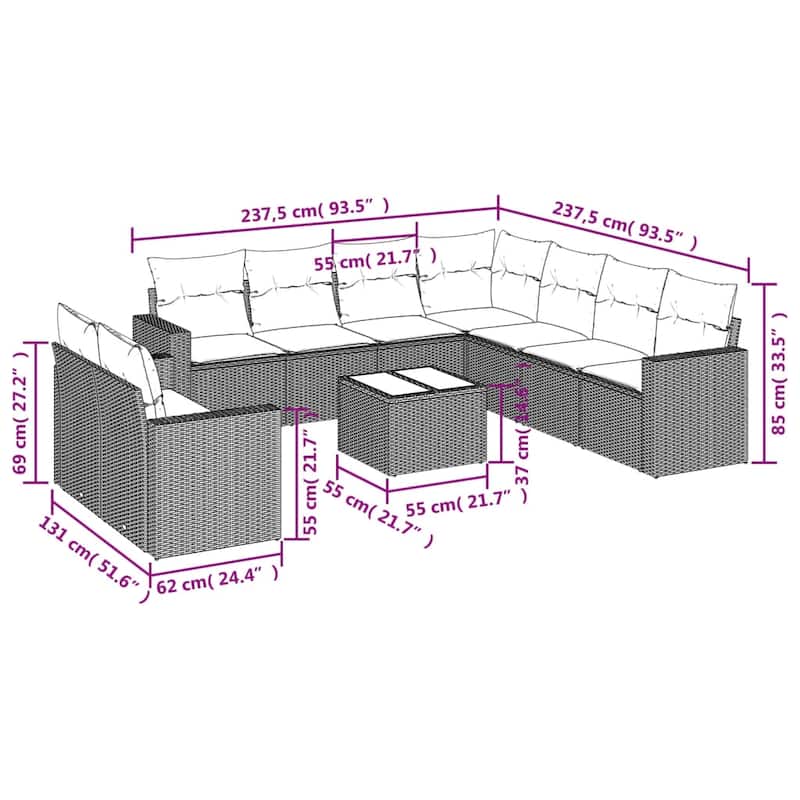 vidaXL 9/10 Piece Patio Sofa Set with Cushions Black Poly Rattan - 24.4" x 24.4" x 27.2"