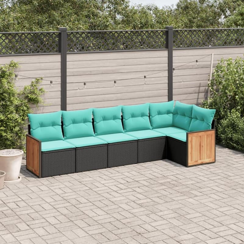 vidaXL 6 Piece Patio Sofa Set with Cushions Black Poly Rattan - 21.7x27.2x24.4-Without table