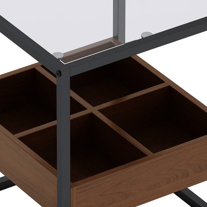 Glass Coffee Table with storage shelf and metal table legs