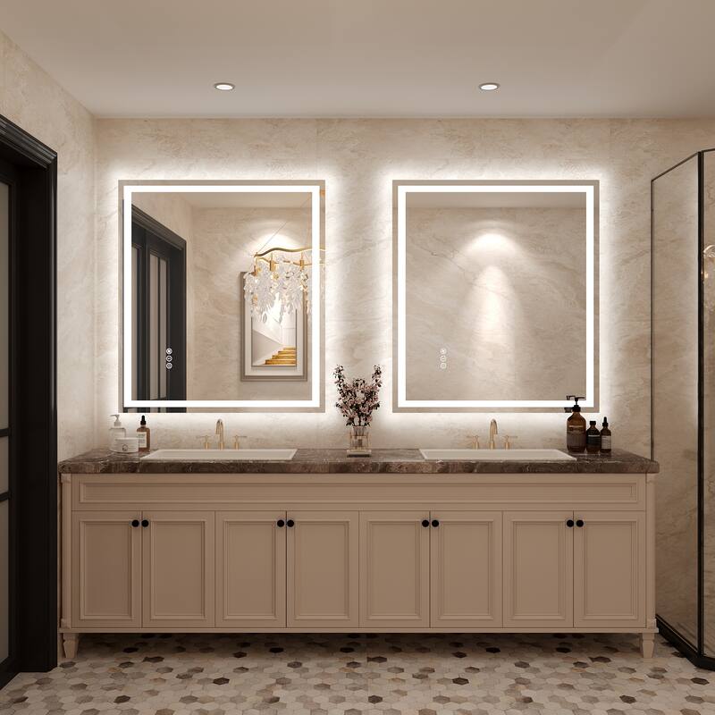 Frameless LED Front Light and Backlit 3 Colors Dimmable Anti-Fog Wall Bathroom Vanity Mirror