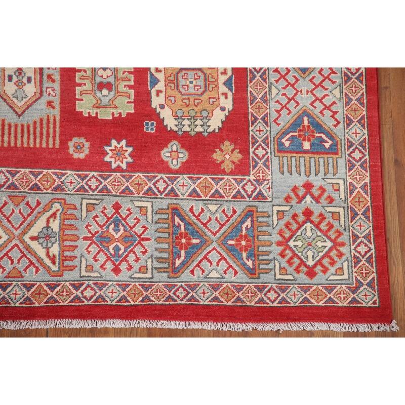 Hand Knotted Oriental 100% Wool Carpet Traditional Geometric Red Kazak Area Rug - 9' 8'' X 6' 4''