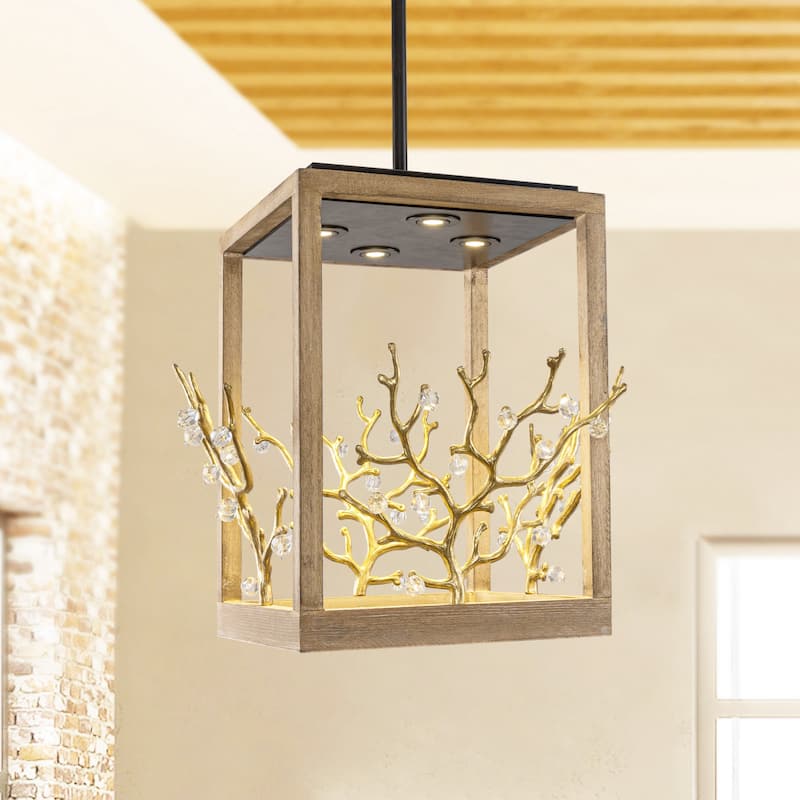 Farmhouse Gold 4-Light LED Crystal Adjustable Lantern Pendant Light