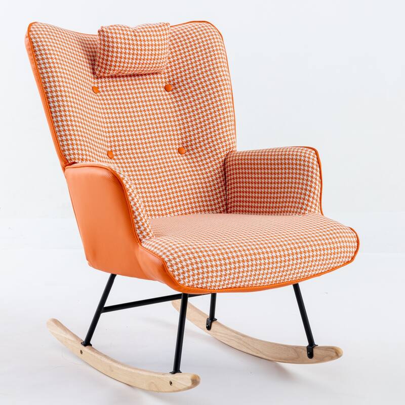 Soft Houndstooth Fabric Leather Fabric Rocking Chair, Glider Rocker with Safe Wood Base for Living Room(light grey) - Orange