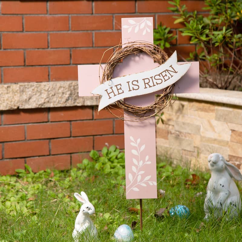 Glitzhome 32"H Easter Wooden Metal Cross Yard Stake Wall Decor - White/Brown/Pink