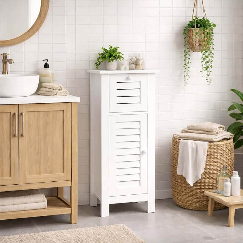 Santorin Compact White Bathroom Storage Cabinet with Drawer and Vented Door - 14.7"L x 11.13"W x 32.12"H